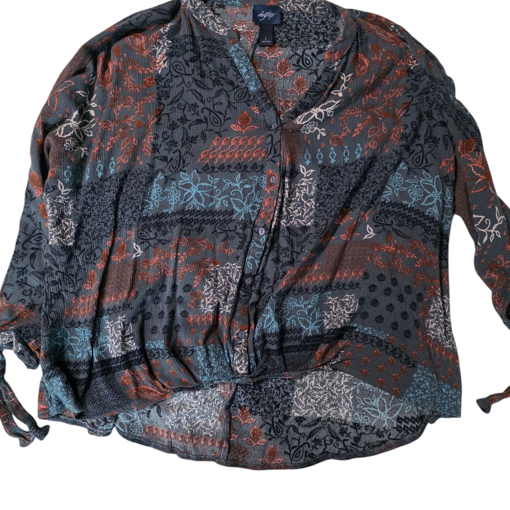 Daytrip Relaxed Blue and Brown Blouse with Mandarin Collar